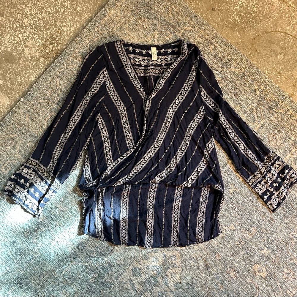 Elan Blue and White Wrap Blouse with Bell Sleeves and 3/4 Sleeve Length